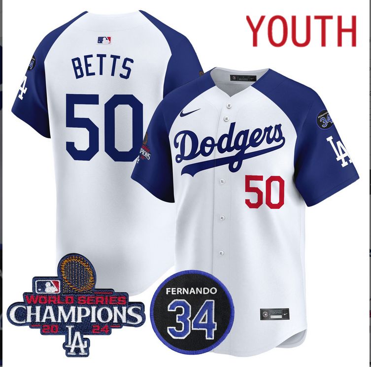 Youth  MLB Los Angeles Dodgers  #50 Betts white 2024 World Series Champions Patch Limited Jersey style 2